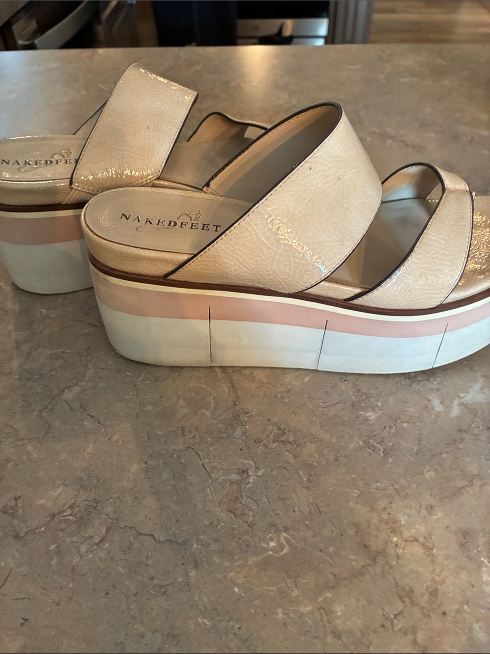 Naked Feet Cream Platform Slide Sandals with Pink Accent